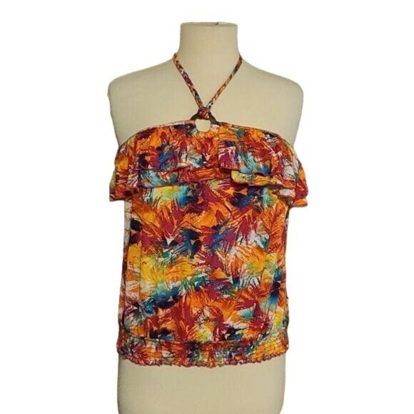 Self Esteem XL Bright Colorful Island Print Halter Top - Picture 1 of 5